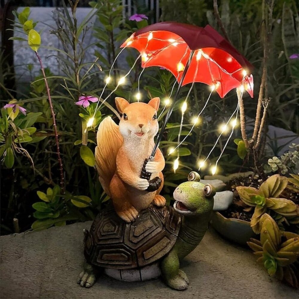 Solar Garden Statue Outdoor Decor - Squirrel Standing on Turtle Holding Umbrella